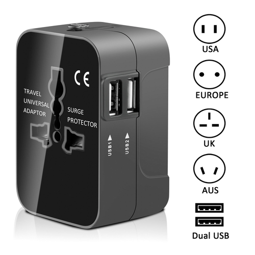 Universal Travel Plug Adapter with 2 USB Ports - World Travel AC Power Charger for AU, US, UK, and EU - Compact and Convenient USB Charger