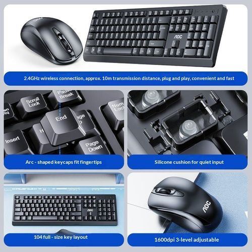 AOC KM210 Wireless Keyboard and Mouse Set-Universal for Desktops & Laptops Waterproof Ergonomic Design in Stock