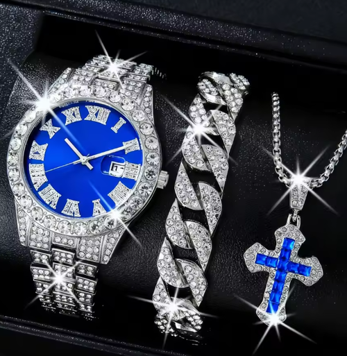 ✨DLJ-CePin✨3PCS Luxury Full Diamond Men Watch Bracelet Necklace Set