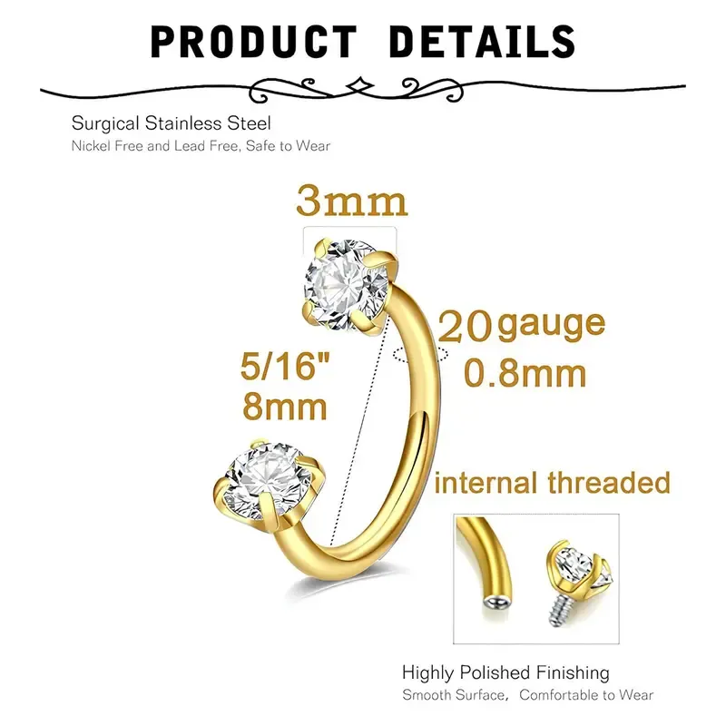 🔥ZZP-cepin🔥18G Titanium Steel Nose Rings Set – Internally Threaded Horseshoe Hoop with Gems, Surgical Grade, Includes Insertion Tool