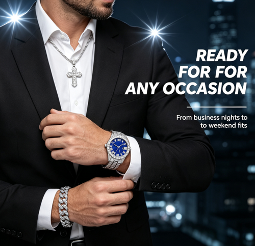 ✨DLJ-CePin✨3PCS Luxury Full Diamond Men Watch Bracelet Necklace Set