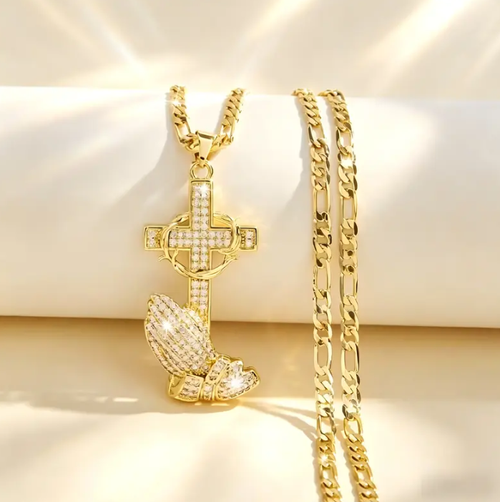 ✨DLJ-CePin✨Cross & Prayer Hands Pendant Necklace