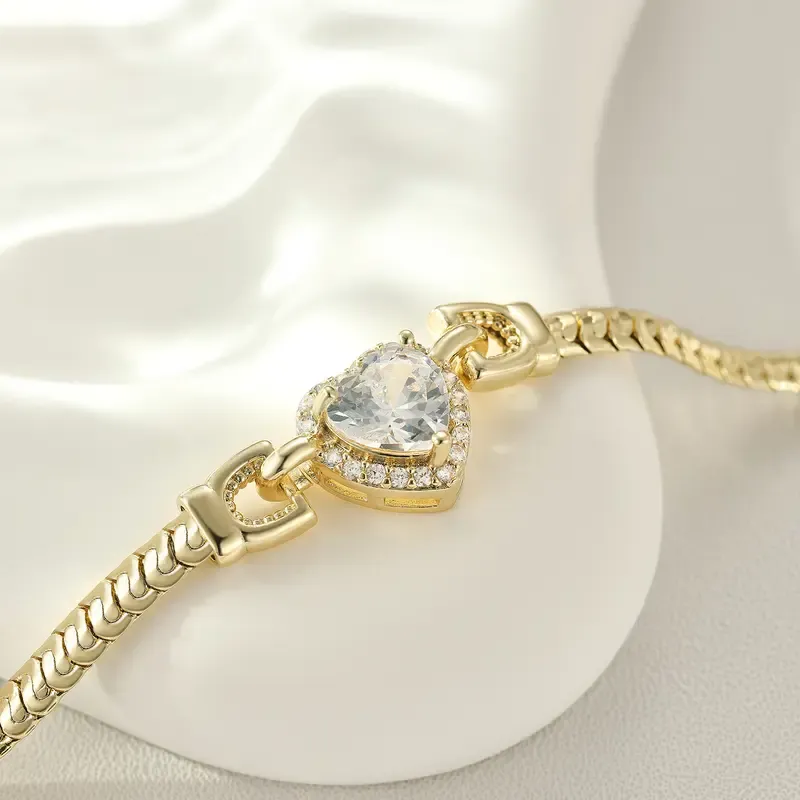 🔥ZZP-CEPIN🔥Summer of Love , Love Bond Dainty Heart Zirconia Bracelet, 14K Gold Plated Snake Chain Bracelet