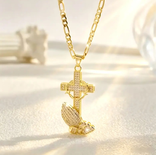 ✨DLJ-CePin✨Cross & Prayer Hands Pendant Necklace