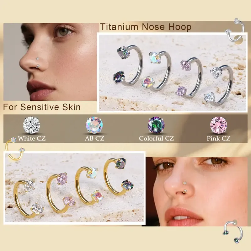 🔥ZZP-cepin🔥18G Titanium Steel Nose Rings Set – Internally Threaded Horseshoe Hoop with Gems, Surgical Grade, Includes Insertion Tool
