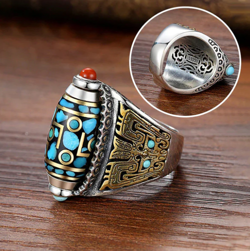 ✨DLJ✨Turquoise Six-character Mantra Nine-eyed Dzi Bead Ring