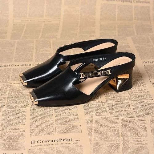 Women's Casual Metal Square Toe Mid Block Heel Mules
