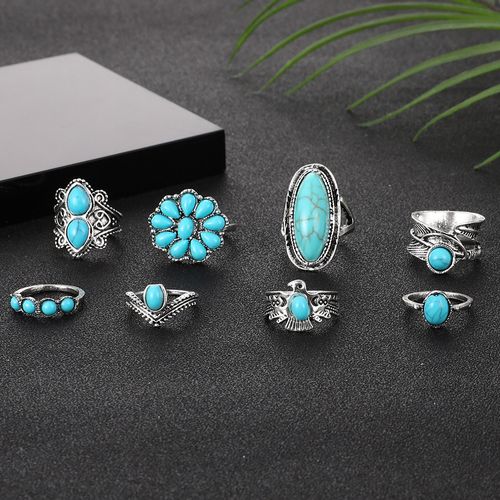 🔥zzp-CEPIN🔥-Women's Bohemian-Style Knuckle Ring Set: Vintage Turquoise Stackable Rings & Bold Retro Turquoise Mid-Finger Rings (8-Piece Set)