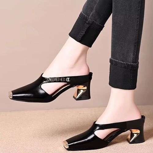 Women's Casual Metal Square Toe Mid Block Heel Mules