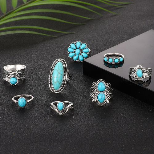 🔥zzp-CEPIN🔥-Women's Bohemian-Style Knuckle Ring Set: Vintage Turquoise Stackable Rings & Bold Retro Turquoise Mid-Finger Rings (8-Piece Set)