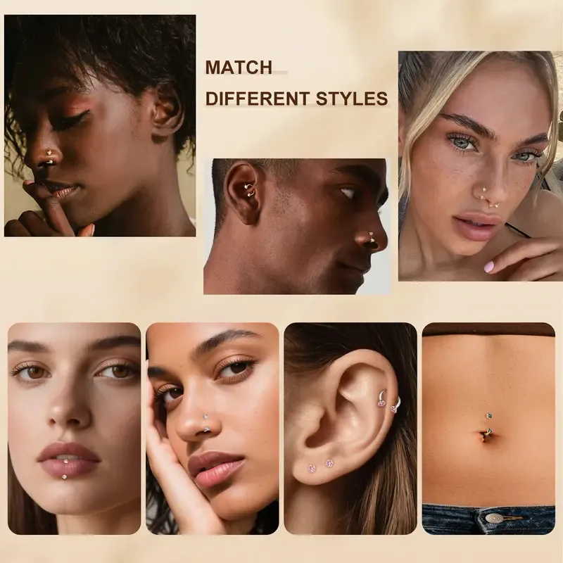 🔥ZZP-cepin🔥18G Titanium Steel Nose Rings Set – Internally Threaded Horseshoe Hoop with Gems, Surgical Grade, Includes Insertion Tool