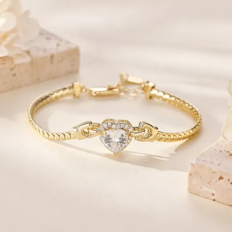 🔥ZZP-CEPIN🔥Summer of Love , Love Bond Dainty Heart Zirconia Bracelet, 14K Gold Plated Snake Chain Bracelet