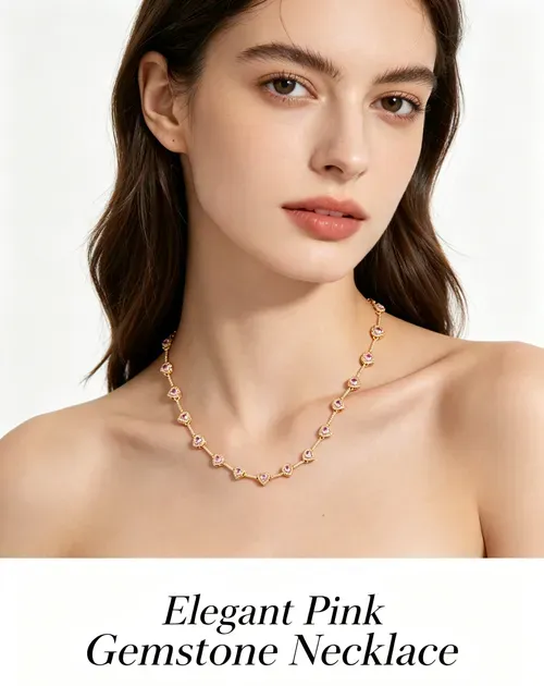 ✨DLJ-CePin✨Heart-Shaped Pink Gemstone Necklace and Bracelet Set