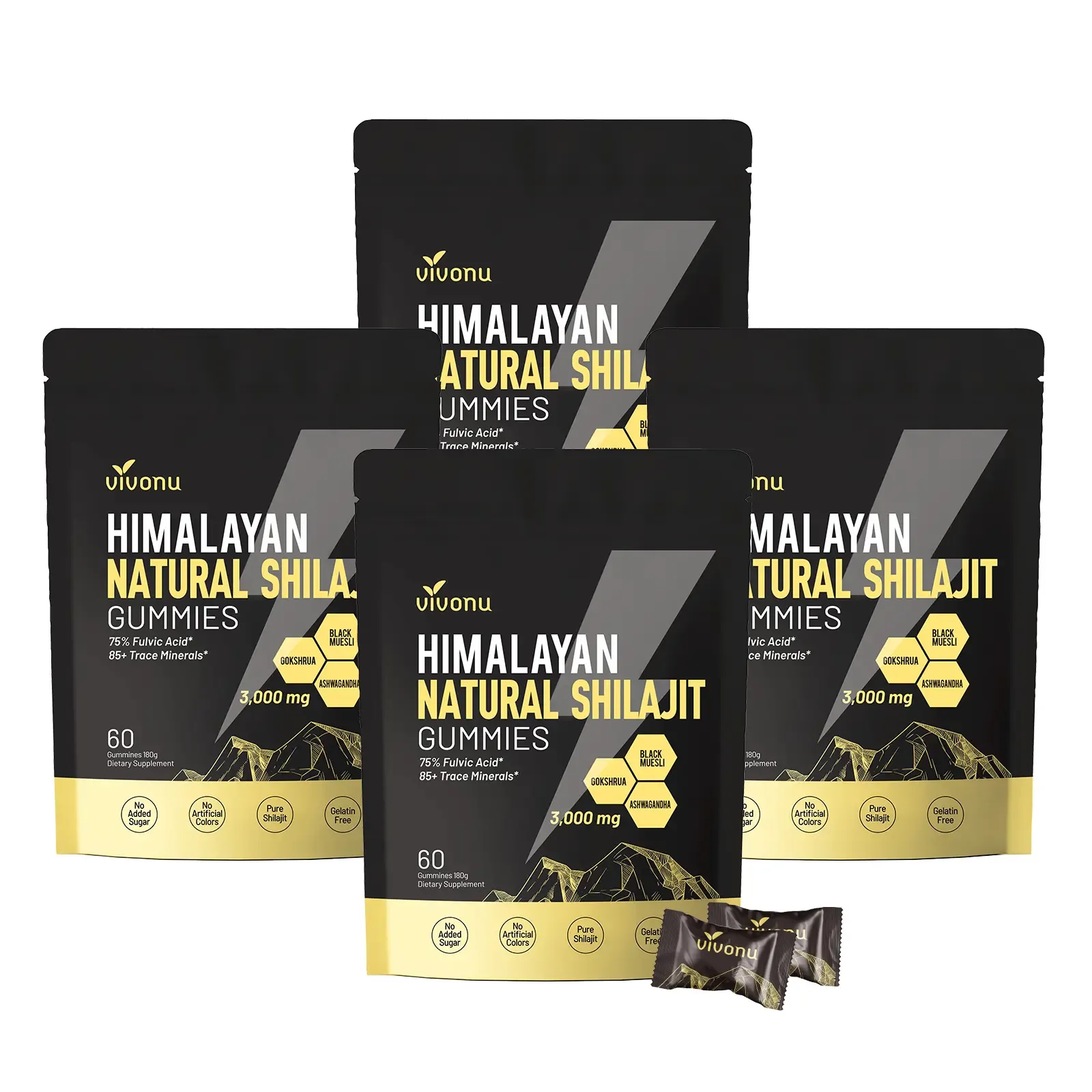 VivoNu Himalayan Shilajit Gummies | With Ashwagandha, Gokshura & other herbs | No added sugar | 60 Gummies