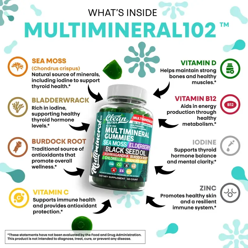 Clean Nutra Multimineral Gummies with Sea Moss, Elderberry, Black Seed Oil, Ashwagandha, Burdock Root, Chlorella & Manuka Honey for Women Men - MultiMineral 102