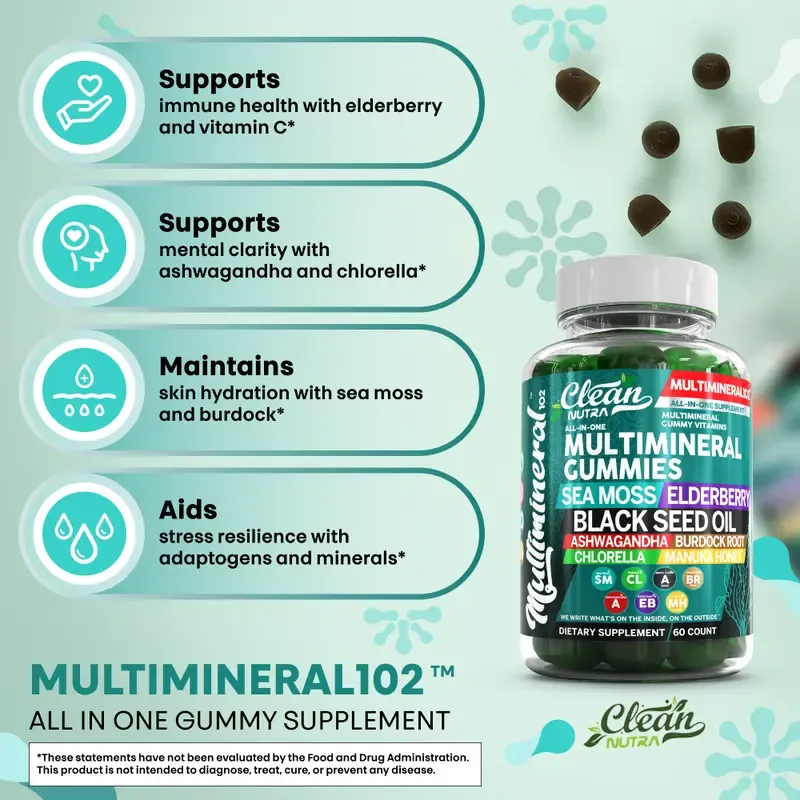 Clean Nutra Multimineral Gummies with Sea Moss, Elderberry, Black Seed Oil, Ashwagandha, Burdock Root, Chlorella & Manuka Honey for Women Men - MultiMineral 102