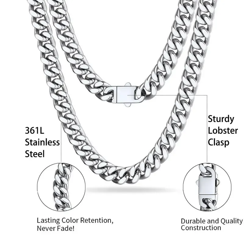 Miami Cuban Chain Necklace Stainless Steel 12mm Width 60cm Necklace Hypoallergenic Jewelry Unisex For Men Women Gift Box