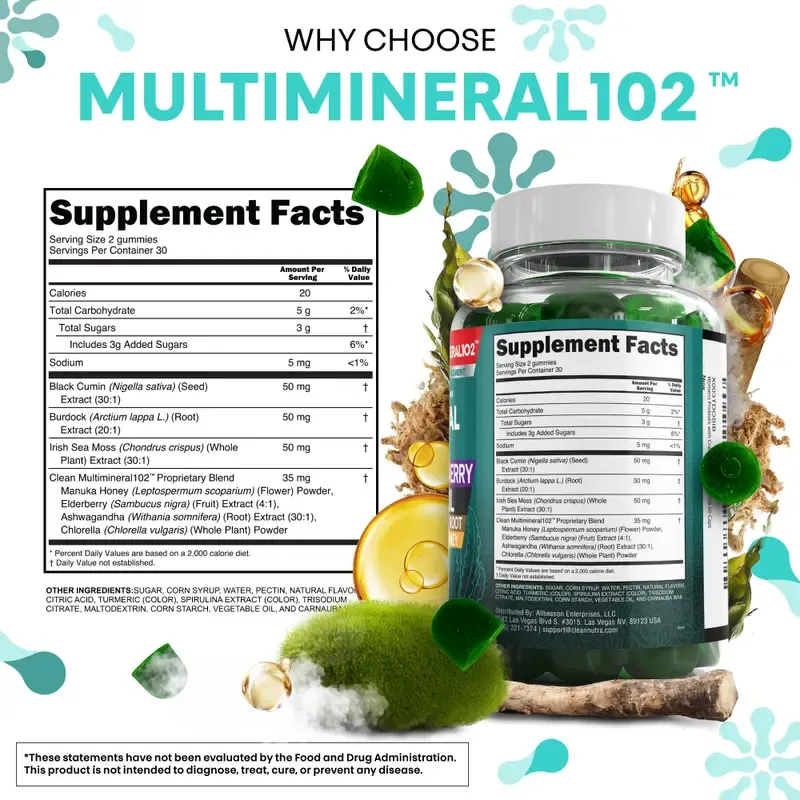 Clean Nutra Multimineral Gummies with Sea Moss, Elderberry, Black Seed Oil, Ashwagandha, Burdock Root, Chlorella & Manuka Honey for Women Men - MultiMineral 102