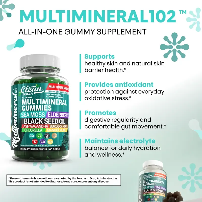 Clean Nutra Multimineral Gummies with Sea Moss, Elderberry, Black Seed Oil, Ashwagandha, Burdock Root, Chlorella & Manuka Honey for Women Men - MultiMineral 102