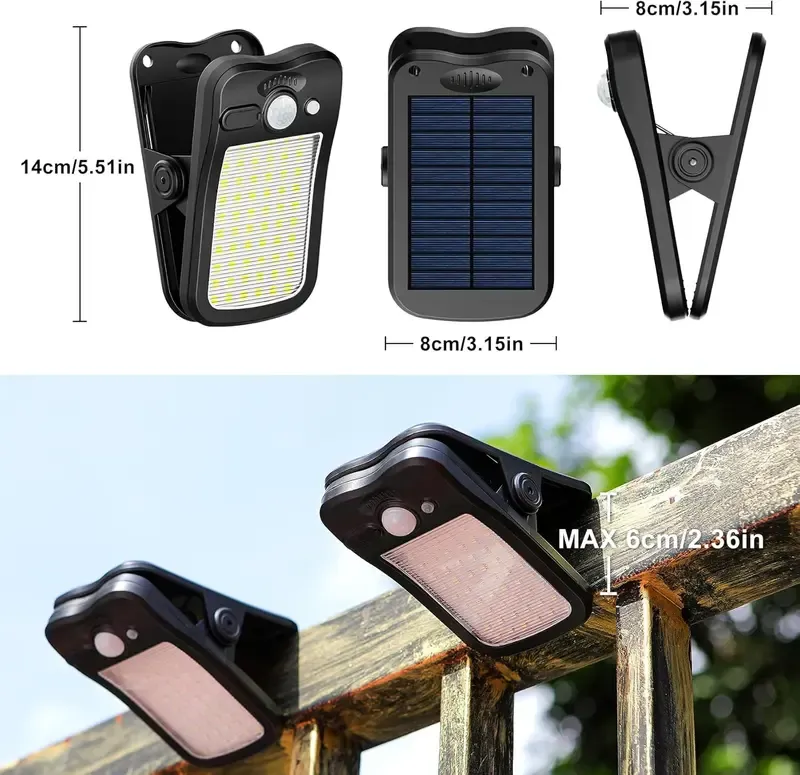 Outdoor Solar Clip Lights, USB & Solar Powered Clip-On Lamp with Motion Sensor, 3 Modes, Waterproof — Perfect for Yards, Garages, Porches, Patios, Gardens, Pools & Barns