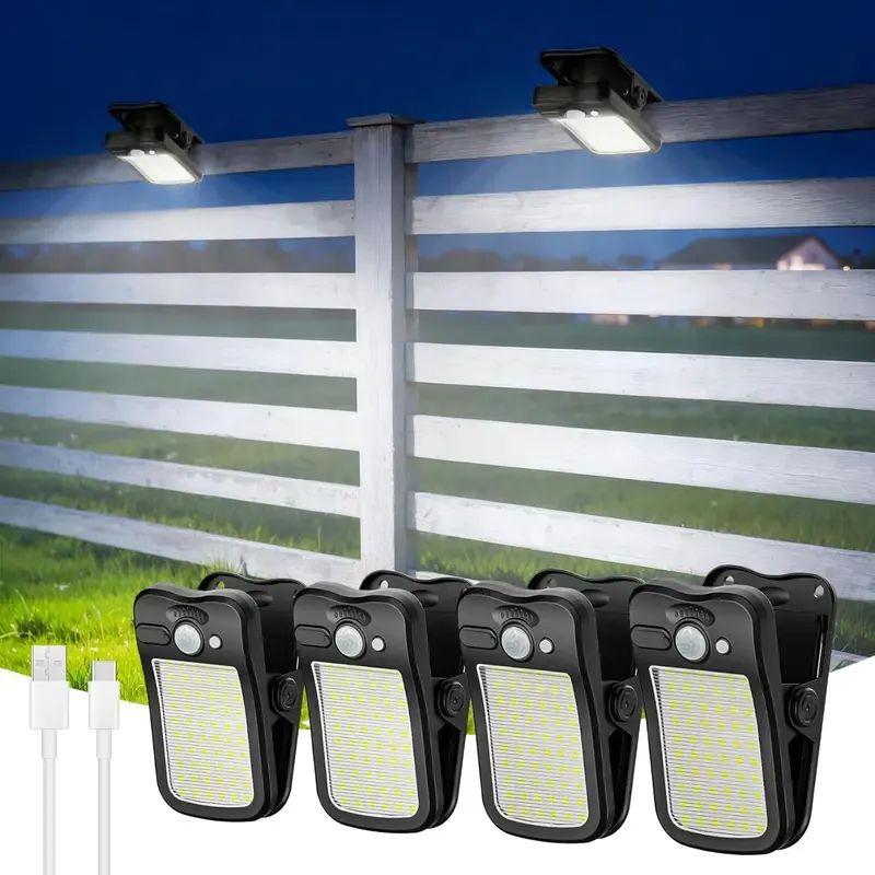 Outdoor Solar Clip Lights, USB & Solar Powered Clip-On Lamp with Motion Sensor, 3 Modes, Waterproof — Perfect for Yards, Garages, Porches, Patios, Gardens, Pools & Barns