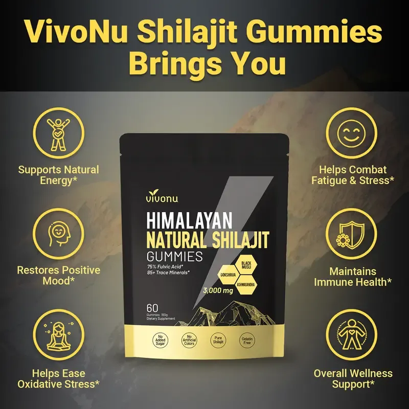 VivoNu Himalayan Shilajit Gummies | With Ashwagandha, Gokshura & other herbs | No added sugar | 60 Gummies