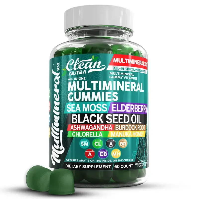 Clean Nutra Multimineral Gummies with Sea Moss, Elderberry, Black Seed Oil, Ashwagandha, Burdock Root, Chlorella & Manuka Honey for Women Men - MultiMineral 102