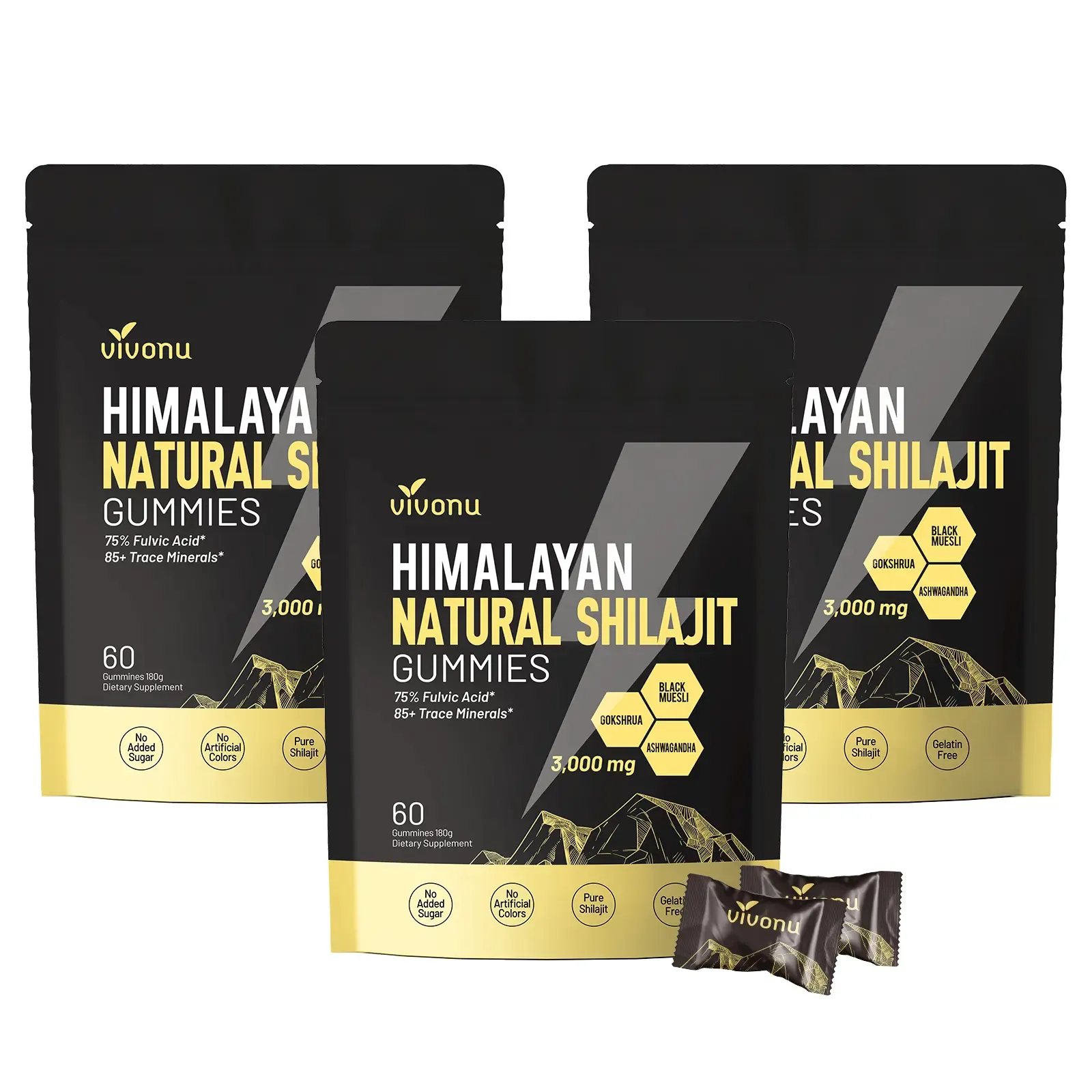 VivoNu Himalayan Shilajit Gummies | With Ashwagandha, Gokshura & other herbs | No added sugar | 60 Gummies