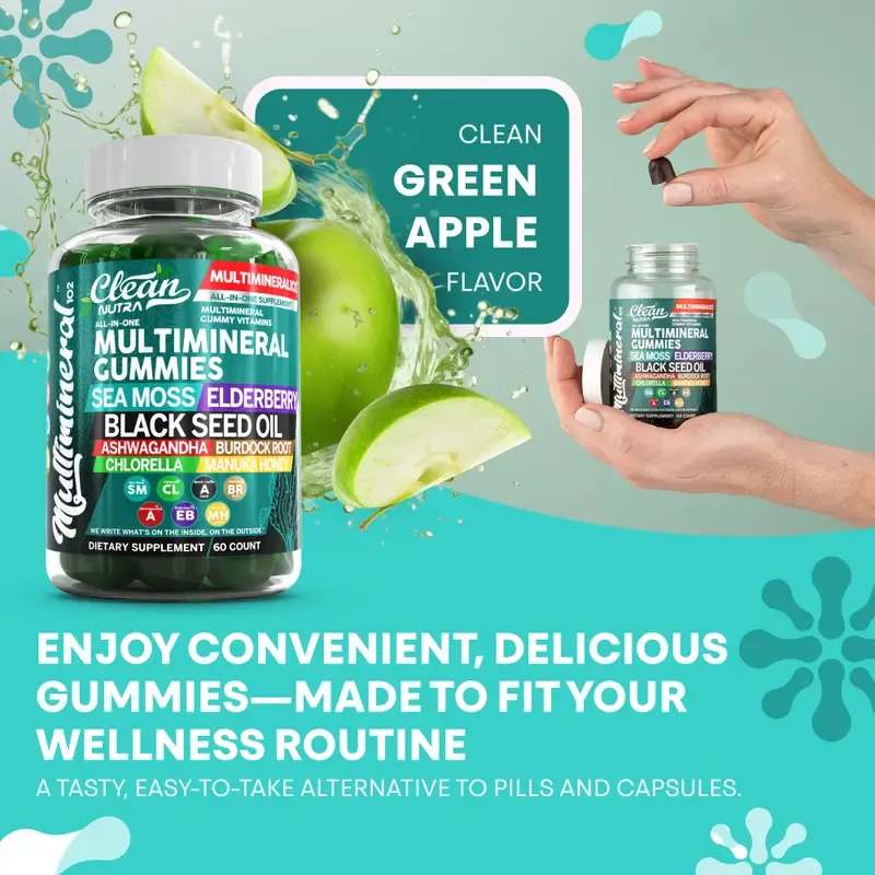 Clean Nutra Multimineral Gummies with Sea Moss, Elderberry, Black Seed Oil, Ashwagandha, Burdock Root, Chlorella & Manuka Honey for Women Men - MultiMineral 102