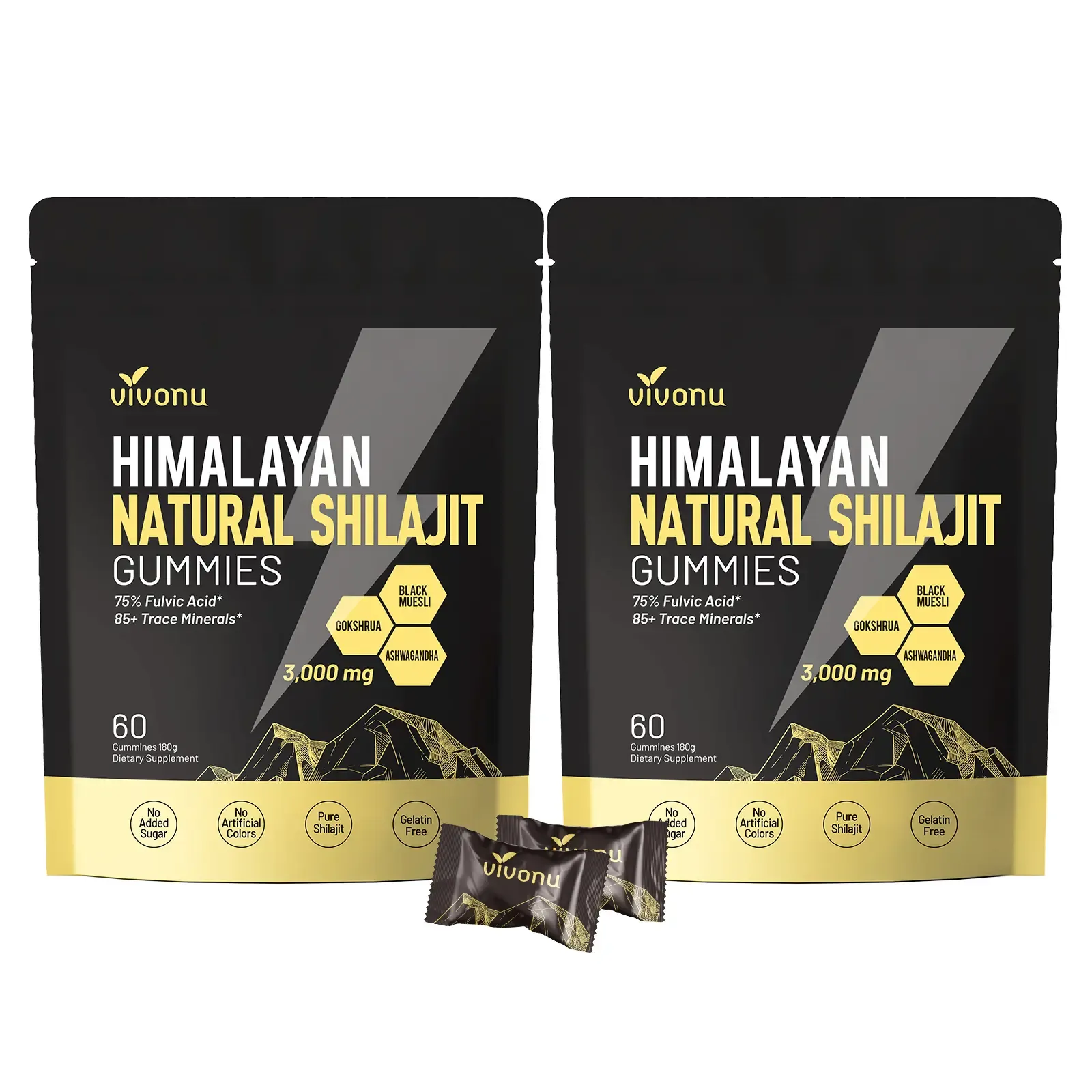 VivoNu Himalayan Shilajit Gummies | With Ashwagandha, Gokshura & other herbs | No added sugar | 60 Gummies