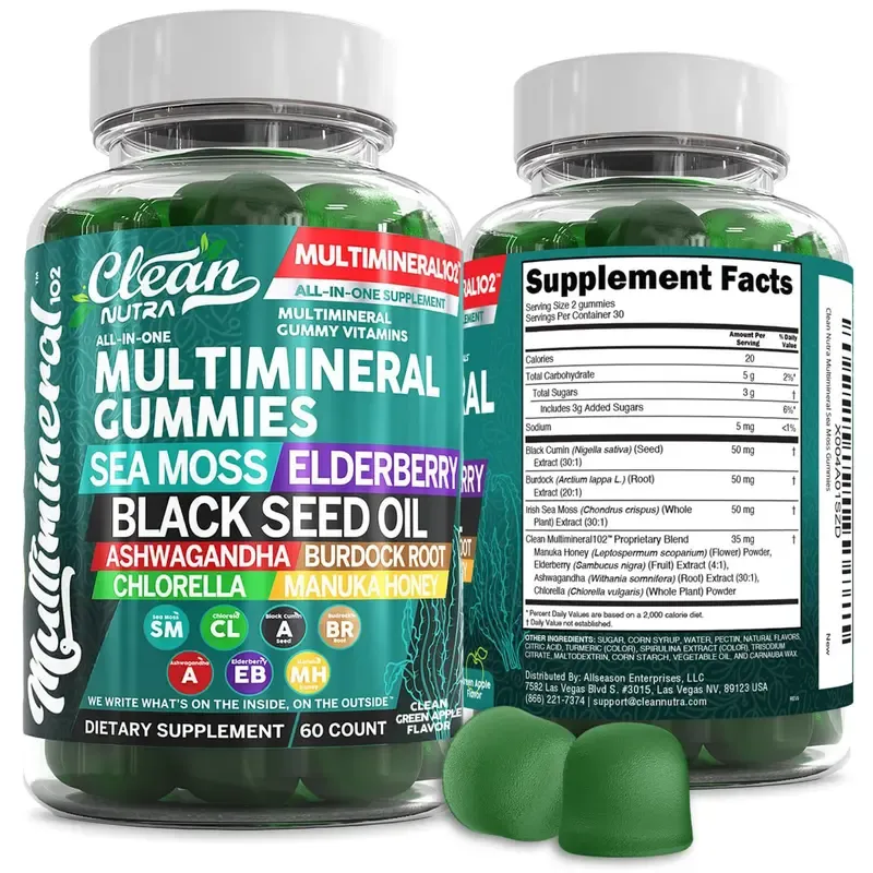 Clean Nutra Multimineral Gummies with Sea Moss, Elderberry, Black Seed Oil, Ashwagandha, Burdock Root, Chlorella & Manuka Honey for Women Men - MultiMineral 102