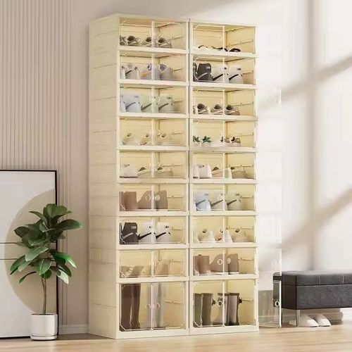 Space-saving foldable shoe cabinet: slim when folded, roomy when used. Sturdy tiers hold shoes, sleek design fits decor. Easy setup, no tools. Ideal for small spaces—tidy shoes, save space.