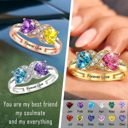 Anillo de promesa infinito personalizado de Birthstone & Name para pareja