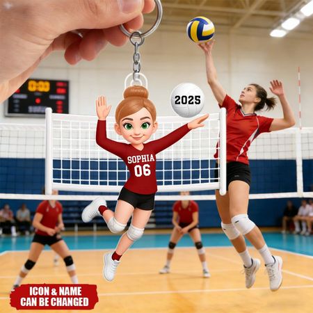 Muchacha del voleibol en la acción del punto-llavero de acrílico personalizado