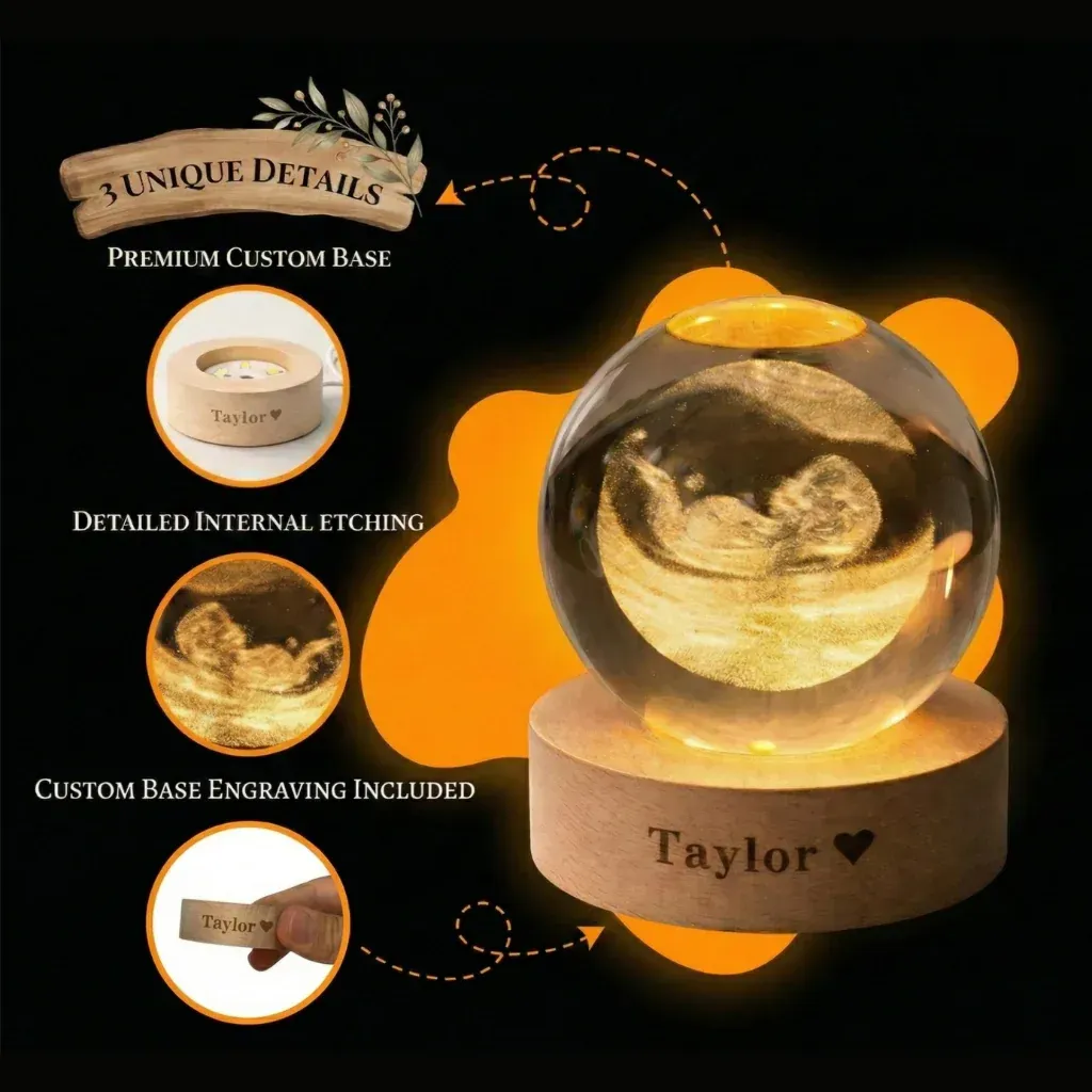 Luz de noche en bola de cristal personalizada – Recuerdo con grabado para bebé recién nacido
