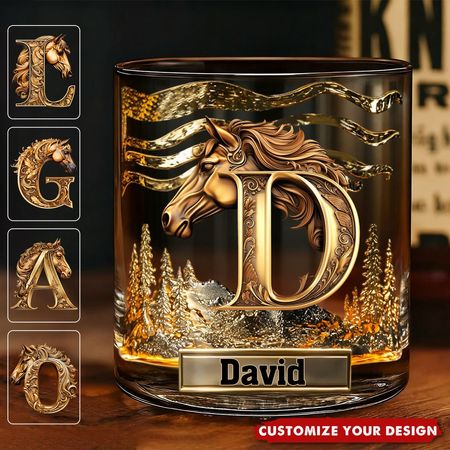 Vaso de Whisky Personalizado con Inicial de Caballo y Nombre – Regalo Único para Amantes de los Caballos