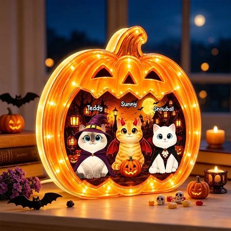 Caja de Luz de Acrílico Personalizada con Gatos de Halloween y Calabaza – Luz Cálida, Regalo para Amantes de los Gatos