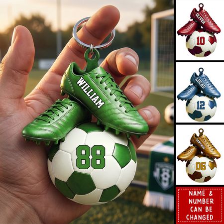 Llavero de acrílico personalizado para aficionados al fútbol, grabado con nombre y número de camiseta deportiva