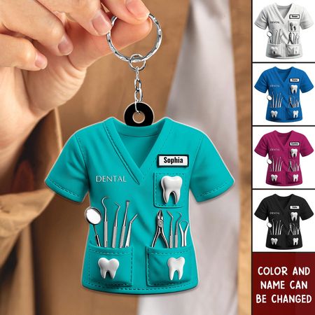 Llavero de acrílico personalizado con nombre y uniforme de dentista