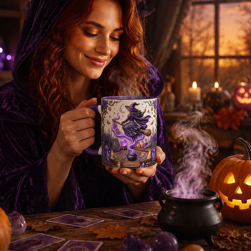 Mujer disfrutando de una taza de bruja personalizada