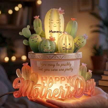 Caja de luz acrílica con diseño de cactus para mamá e hijos - Regalo personalizado para el Día de la Madre
