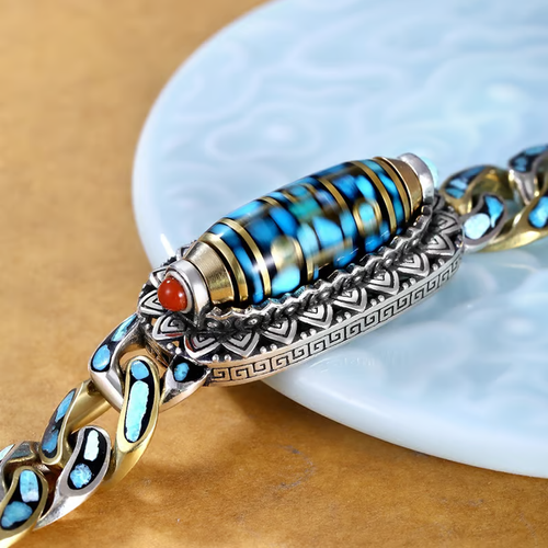 Turquoise Six-character Mantra Nine-eyed Dzi Bead Bracelet