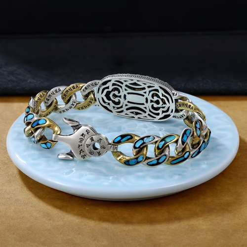 Turquoise Six-character Mantra Nine-eyed Dzi Bead Bracelet