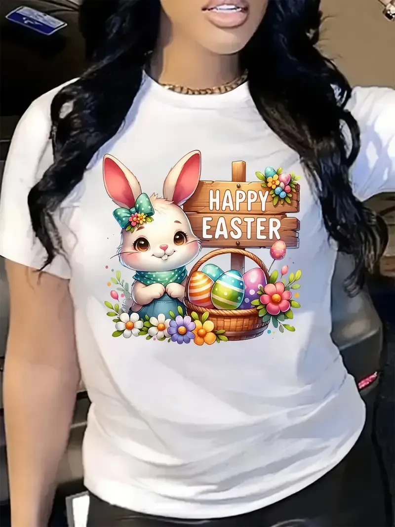 55 Easter bunny and eggs floral print short sleeve T-shirt