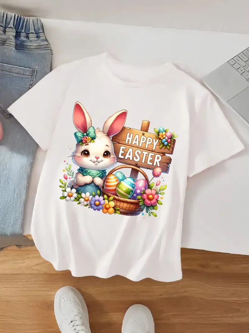 55 Easter bunny and eggs floral print short sleeve T-shirt