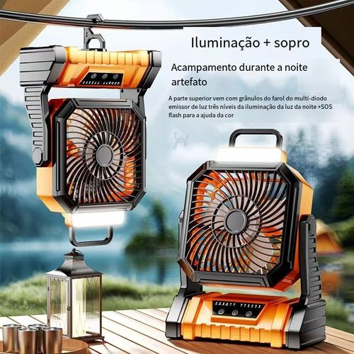 Ventilador de acampamento ao ar livre- vento ajustável, 270 graus balançando a cabeça, sopro de ar iluminação função de carregamento 3 em 1