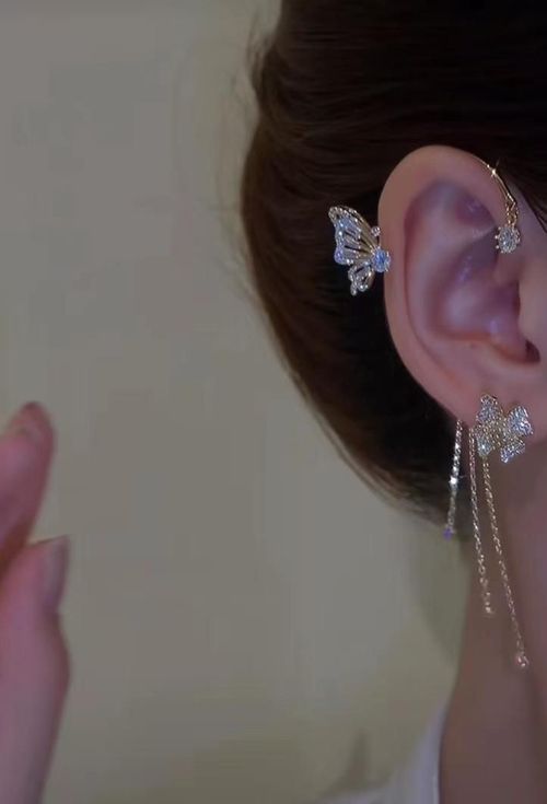 Left Ear Wheat Ear Tassel Clip-On Earrings - Diamond-Inlaid Cartilage Clips, No Piercing Niche Light Luxury Style