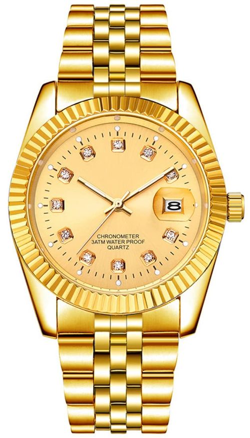 Gold-Tone Automatic Watch – Diamond Dial, Date Window, Stainless Steel Bracelet