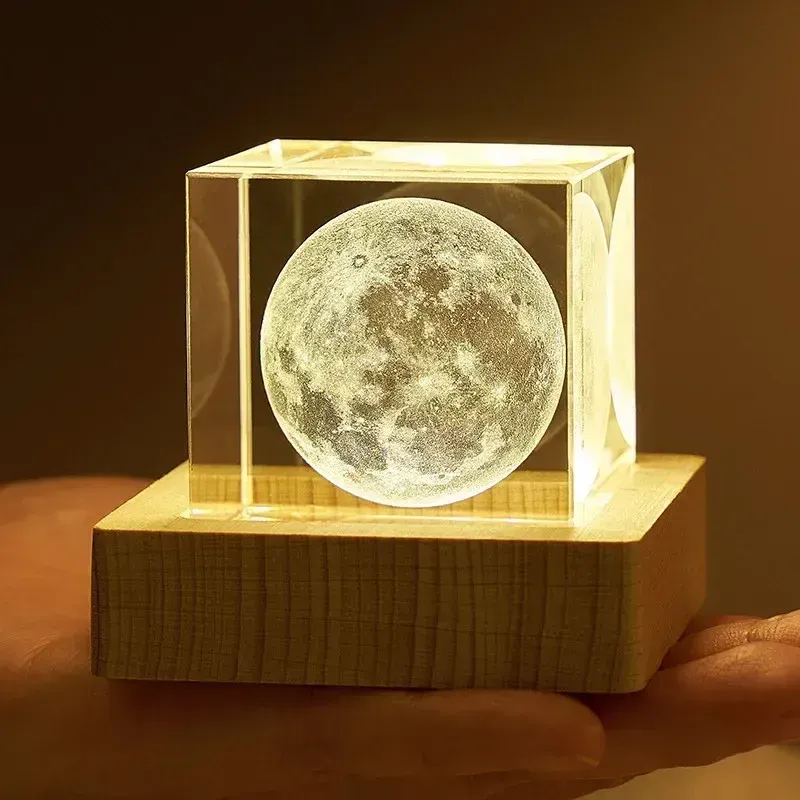 Creative Moon Model Decoration: 3D Structure, Crystal Cube, Soft Light, Inner Carving Craft, USB Charging Supported