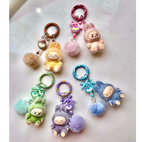 Limited Sale: Mini Cartoon Labubu Flocked Trinkets - Can Serve As Keychains, Phone Pendants and Bag Charms, Available in Purple, Green, Pink, Yellow and Blue, Random Delivery